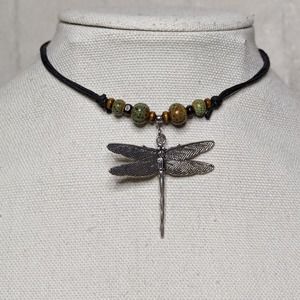 Dragonfly Pendant Green Ceramic beaded Boho Hippie Adjustable Choker Nec…